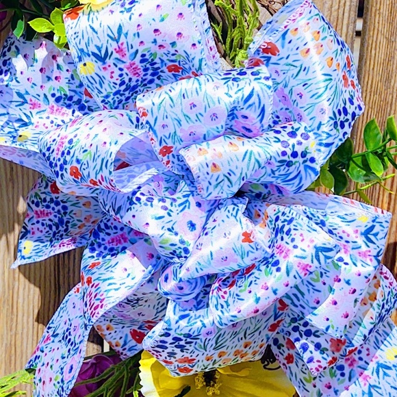 HAND CRAFTED SPRING FLORAL GRAPEVINE WREATH 20" FRONT DOOR DECOR SILK RIBBON 20" - Picture 7 of 12